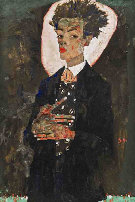 Egon Schiele -Selbstporträt mit Pfauen Westen,Self-portrait with peacock West, 1911.