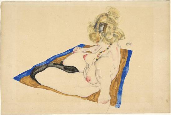 Egon Schiele -Blond weibliche Modell nackt Sitzung auf einem braunen Tuch, (Modèle féminin blond nu assis sur une étoffe marron,)1912..